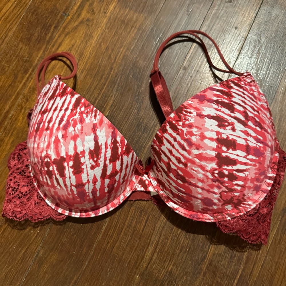 Padded push up bra Sz 34C burgundy/pink/white